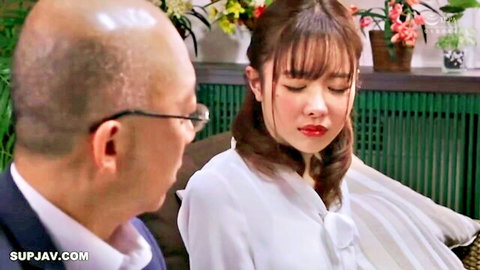 Kuriyama in white blouse with bald husband, JAV wife gangbang setup