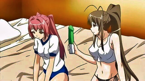 Hentai anime girls: pink-haired in uniform, brunette with green dildo