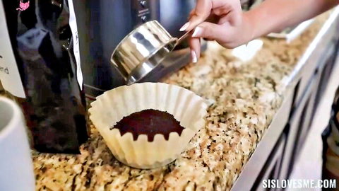 Stepsister pouring coffee grounds in kitchen, teaser for creampie impregnation video