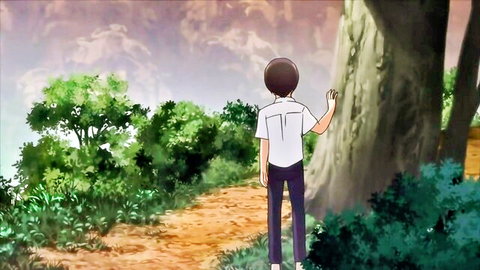 Anime boy in school uniform waving from behind on forest path at sunset