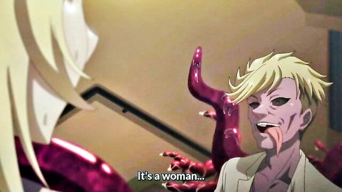 Blonde busty anime girl shocked as tentacle monster attacks in hentai impregnation scene