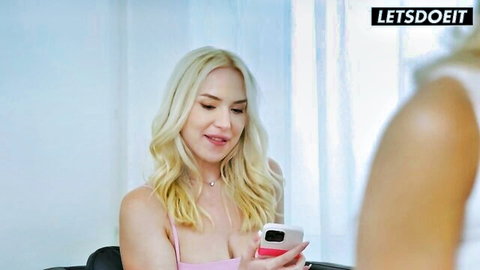 Blonde models Vera Jarw and Merida Sat in cleavage-baring tops, wife swapping tease