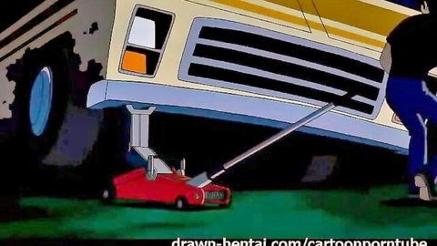 Scooby-Doo parody hentai with Mystery Machine van jacked up beside red toy car on grass