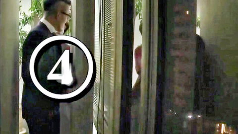 Japanese man in suit on phone outside door with blinds, teasing neighborhood housewife encounter