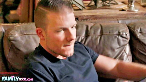 Muscular white guy with undercut hair in black tee for stepsister sex scene