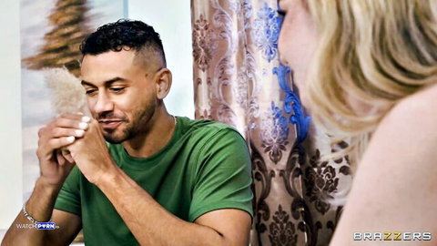 Andie Anderson teases man in bedroom, blonde MILF from behind in Brazzers scene
