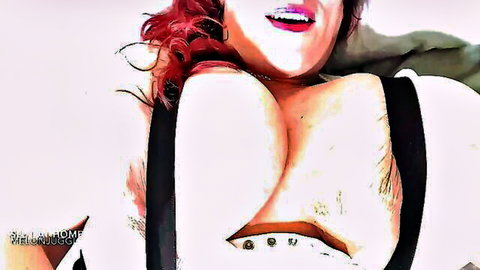 Redhead with huge tits in black lingerie straps, smiling seductively
