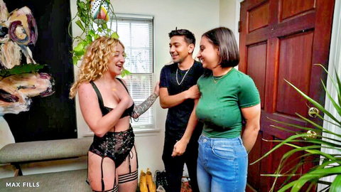 Max Fills in steamy threesome with hot neighbor in lingerie and stockings