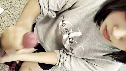 Cute Korean amateur girl in CK hoodie masturbating with pink dildo