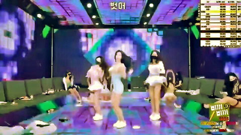 Group of Korean women in short skirts dancing on adult TV stage