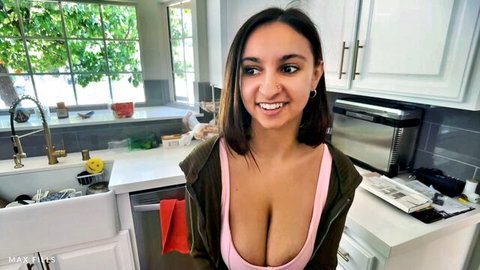 Max Fills busty girlfriend smiling in kitchen, deep cleavage tease
