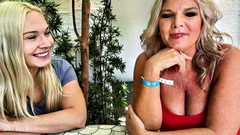 Blonde Max Fills as step-mom with step-daughter smiling on vacation