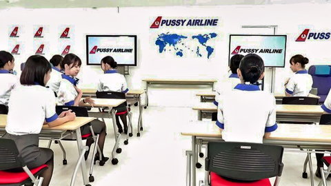 Japanese stewardesses in tight Pussy Airline uniforms sit in classroom training session