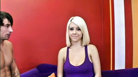 Tessa Taylor hot blonde teen smiling in purple tank top with shirtless guy