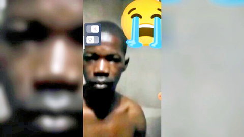 Shirtless ebony man with intense stare surrounded by crying laughing emojis
