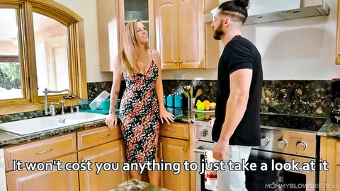 Curvy blonde MILF in floral dress teases muscular stud in kitchen