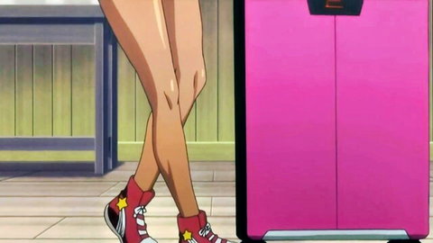 Anime futa girl with long legs in red star sneakers by pink trap device