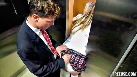 Suited businessman gropes blonde schoolgirl's bare ass and pussy in elevator upskirt
