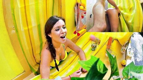 Jynx Maze brunette in yellow bikini reverse cowgirl penetration
