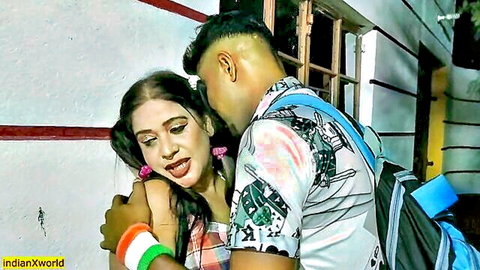 Desi madam and student intimate embrace outdoors at night