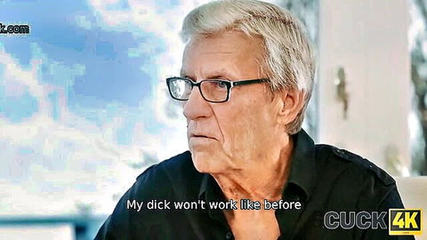 Silver-haired older man in glasses confesses 'My dick won't work like before' in cuckold porn video