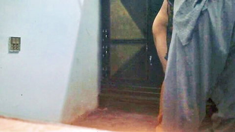 Man exposing bare hairy ass with pants down in bedroom doorway homemade