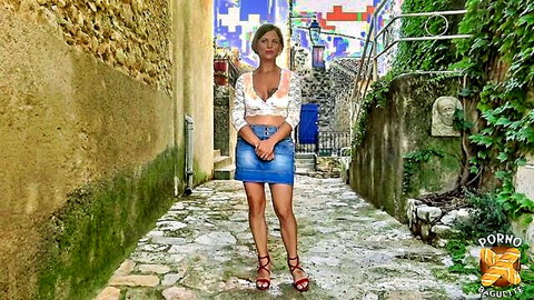 Marie in lace top and mini skirt in alley, teasing for hot gangbang