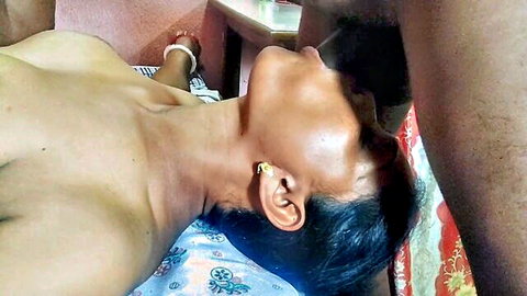 Indian woman lying back for intense deepthroat blowjob cumshot