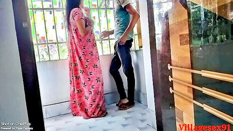 Desi Bengali mom in pink dress teases stepson on balcony, amateur Indian couple