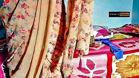 Indian bhabhi in flowing saree on bed, homemade devar lover tease