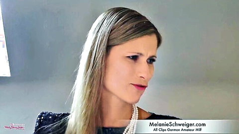Blonde German MILF Melanie Schweiger in sparkly black top and pearls, elegant profile