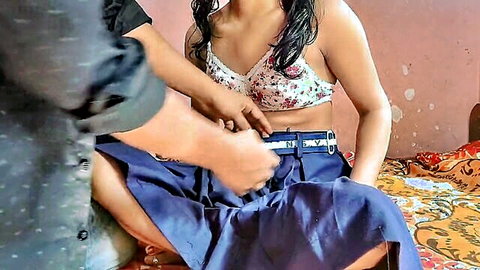 Indian student Kavita in floral bralette and skirt touched by teacher