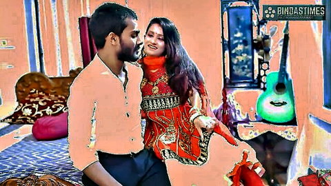 Cute Desi newlywed wife in red salwar seducing husband at home
