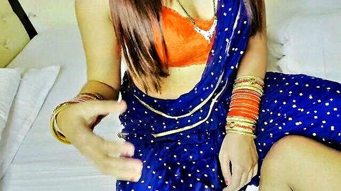 Mahi 2224 as seductive Indian bhabhi in blue saree, teasing midriff reveal