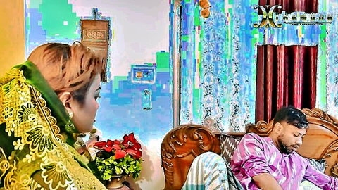 Sexy Indian bahu in green saree holding flowers, eyeing sleeping bhasur