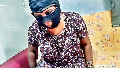 Masked Desi Tamil wife in floral nightgown looking surprised, amateur solo tease