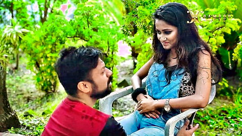 Desi girl Sudipa in denim overalls with boyfriend in outdoor garden tease