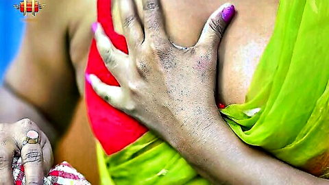 Rough dark hand groping and squeezing exposed cleavage tits of Indian babe in green saree