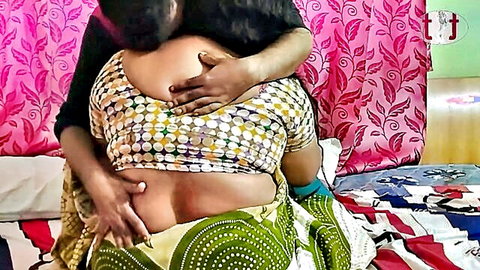 Curvy Indian woman in saree gets big tits groped passionately by lover on bed