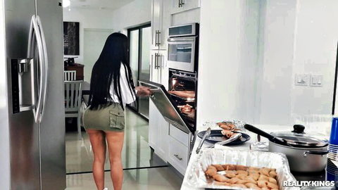 Official Egypt bending over in short skirt, teasing big ass in kitchen