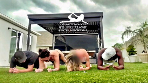 Fitandflirtyhotwife & Watermelonsugar3 plank workout in bikinis, outdoor tease