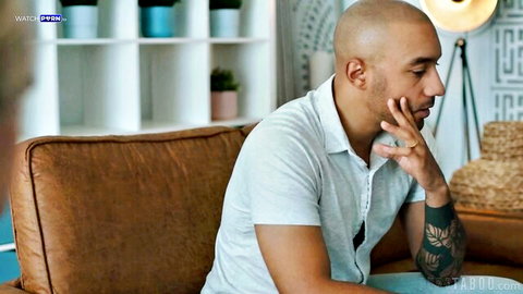 Bald tattooed man thoughtfully posing in Dee Williams Pure Taboo scene