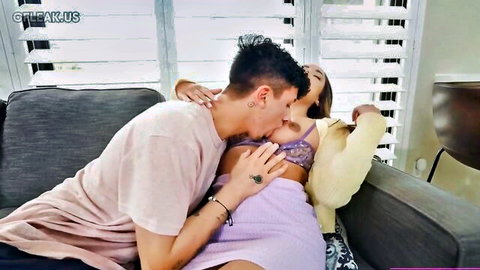 Chloe Amour kissing stepson passionately in purple lingerie