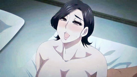 Ecstatic nude anime woman with large breasts and short black hair