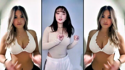 Blonde Asian teen in white wavy bralette showing deep cleavage and toned midriff posing teasingly