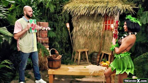 Busty Latina trans warrior Lola Morena gripping cock in jungle