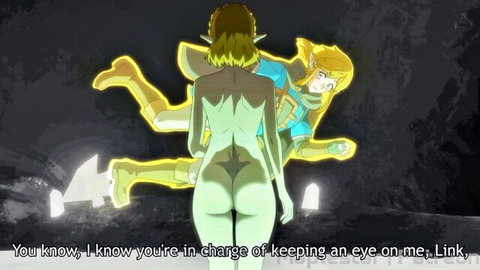 Nude blonde elf princess Zelda bent over exposing juicy ass and pussy to Link in glowing doggy hentai.