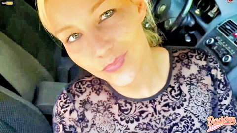 Daddys Luder blonde in sheer black lace top, seductive car selfie