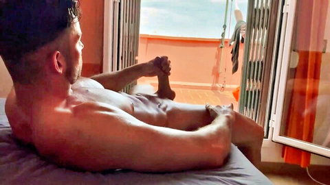 Maximo Garcia nude masturbating solo on bed, muscular Latino man fapping