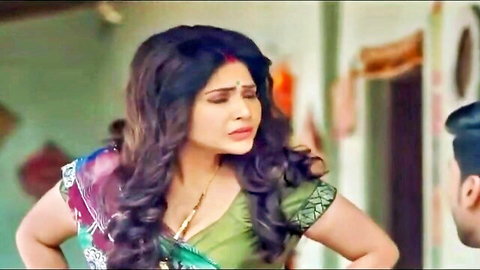 Curvy Indian woman in revealing saree, emotional village scene from Gao ki Garmi 2024